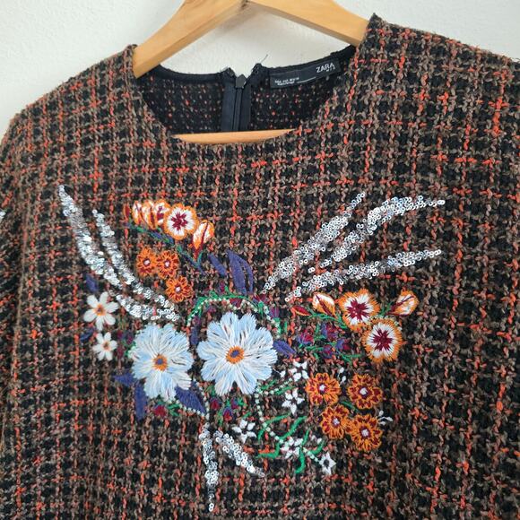 Zara Embroidered Plaid Tweed Mini Dress 3/4 Sleeves Brown Boho Twee - Picture 3 of 9